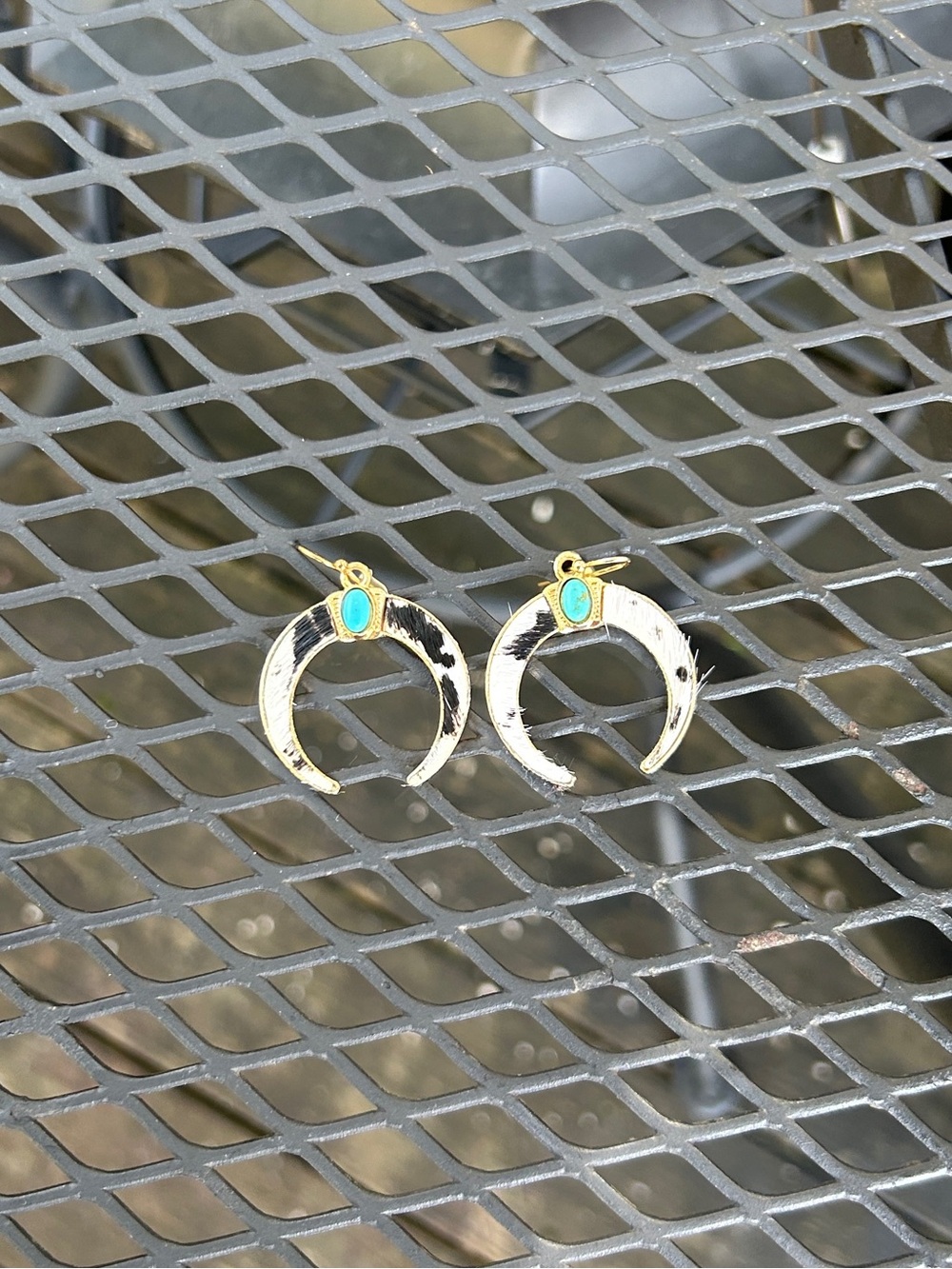Turquoise & Cow Print Golden Crescent Earrings - Picture 3 of 4